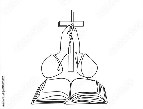 Continuous line of hands holding a cross next to the open bible. Christian and catholic religious beliefs. Hand drawn one line vector. Editable stroke