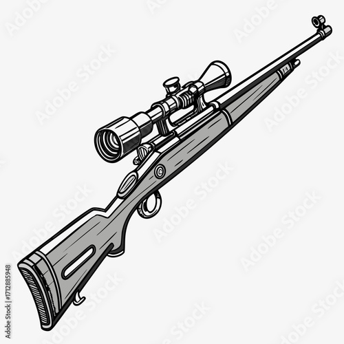 Detailed illustration of a classic hunting rifle with a telescopic scope and wooden stock on a white background