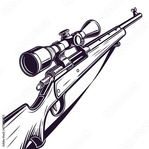 Detailed illustration of a hunting rifle with a scope presented in a classic black and white line art style