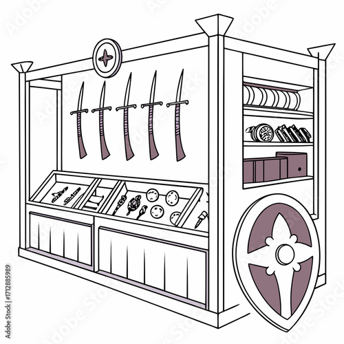 Fantasy medieval shop stall selling weapons armor and trinkets with swords displayed prominently