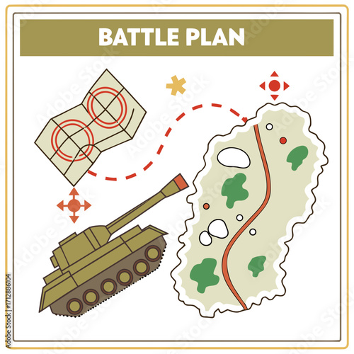 Military battle plan illustration featuring a tank map and strategic route for tactical operations