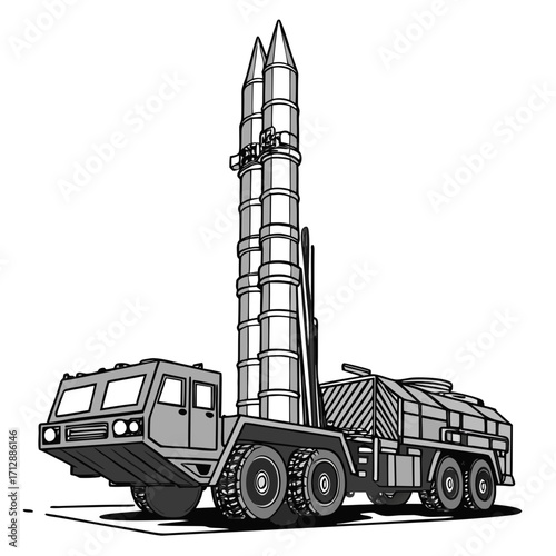 Modern military missile launcher vehicle with multiple rockets ready for deployment on white background