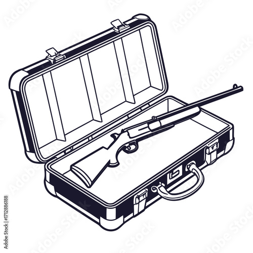 Open hard shell briefcase with a hunting rifle safely stored inside ready for travel