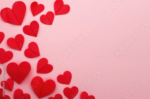 Valentine's Day celebration with red paper heart cutouts on a soft pink backdrop, featuring love-themed paper art and space for personalized messages, greeting card layout