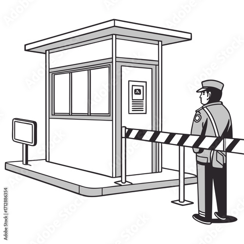 Security guard standing at a checkpoint booth with a barrier and a blank signpost