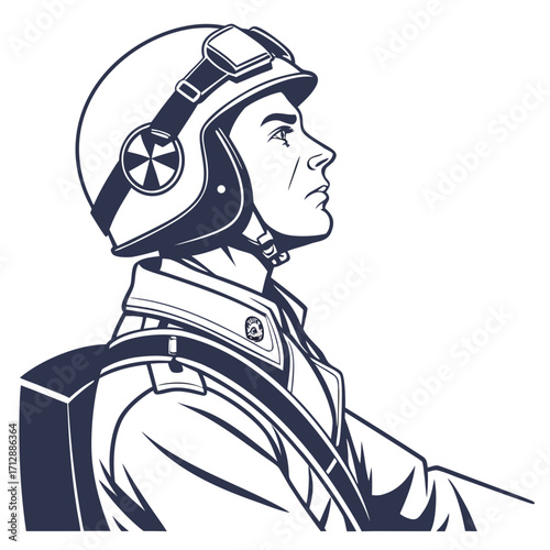 Serious man in pilot helmet and uniform looking up with determination and hope
