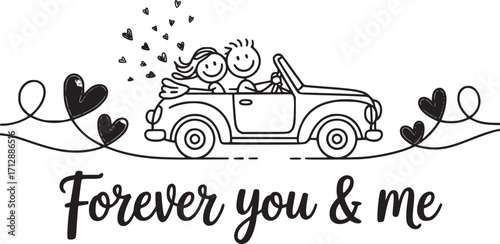 Endless Journey: A whimsical illustration portrays a couple in a vintage convertible, embarking on a loving journey filled with hearts. Capturing the enduring bond and sweet beginnings.