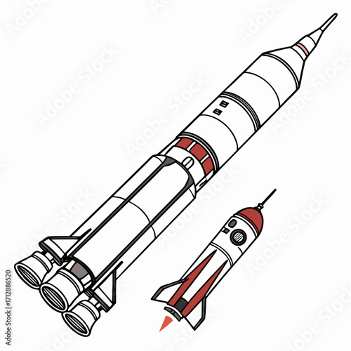 Stylized illustration of a large multi stage rocket and a smaller rocket in flight against a white background