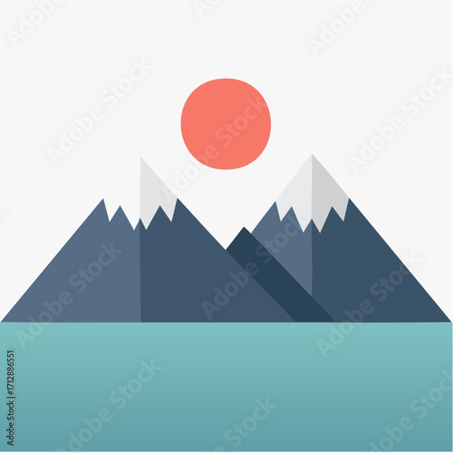 Serene mountain landscape with snow-capped peaks and a red sun over a tranquil lake, created in a minimalist geometric flat design style