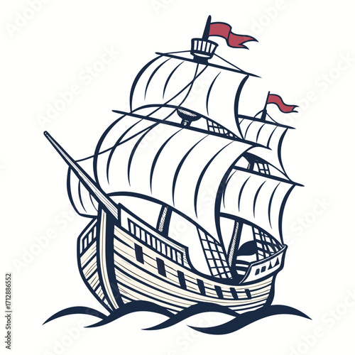 Stylized illustration of a vintage sailing ship with full sails and red flags on the ocean waves
