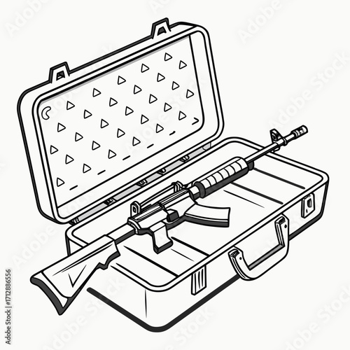 Stylized illustration of an assault rifle lying open inside a black and white briefcase with a triangular pattern