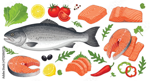 set vector illustration of Fresh salmon fish, fillets, steaks, vegetables, herbs, and seasonings arranged beautifully, highlighting healthy cooking and nutrition.