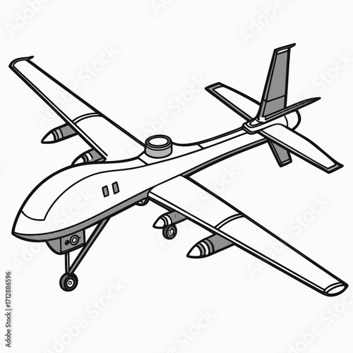 Stylized illustration of an unmanned aerial vehicle drone with a camera and missiles on a white background