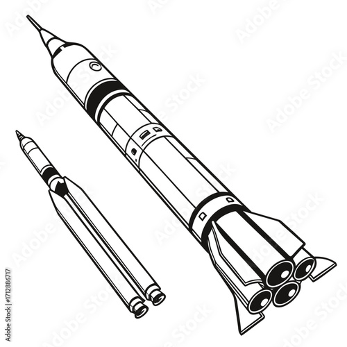 Two detailed line art illustrations of rockets one large and one small on a white background
