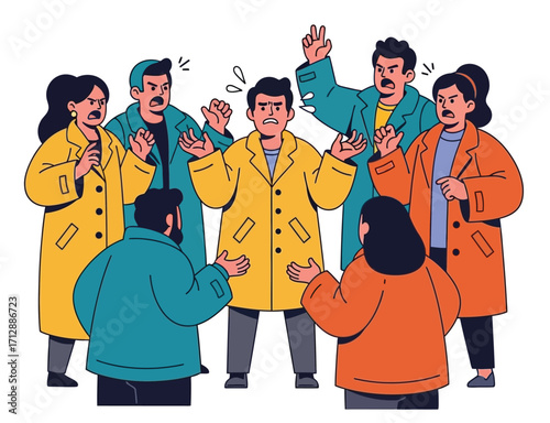 A group of angry people arguing with and yelling at one single person.