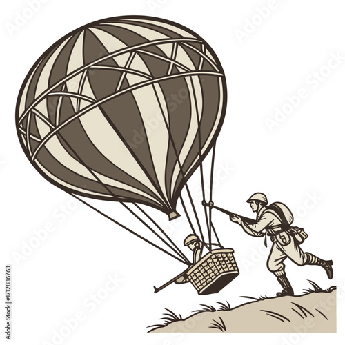 Two soldiers in vintage military uniforms with rifles operate a hot air balloon during a historical battle scene