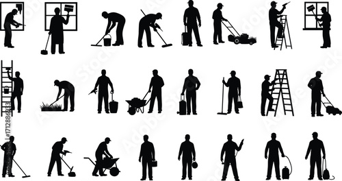 Manual labor silhouettes, maintenance worker icons, black and white illustration, construction tasks, facility upkeep, job roles, tool usage, outdoor work