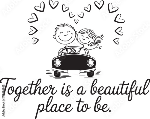Journey of Love: A heartwarming illustration depicting a couple embarked on their love journey, a testament to the beauty of togetherness, represented by car and love hearts. 