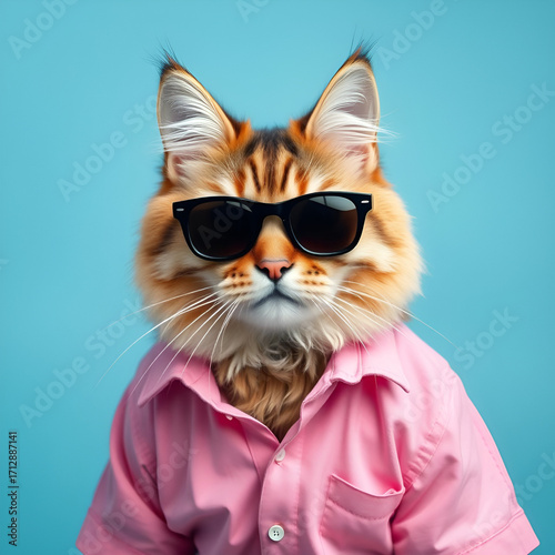 cat wearing a pink shirt and sunglasses