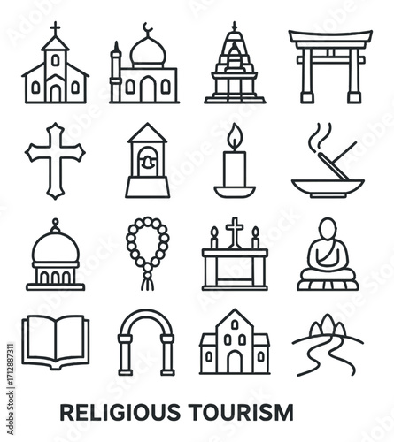 Icons of religious structures and symbols for tourism inspiration