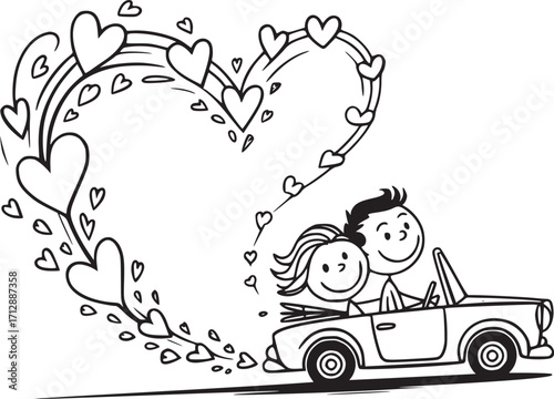 Love's Journey: A joyful couple embarks on a romantic adventure, their love story beautifully illustrated with hearts and a vintage car. 