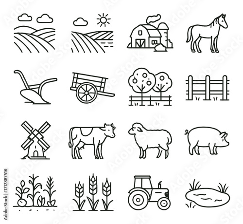 Farm icons set: barn, tractor, animals, nature, and agriculture elements