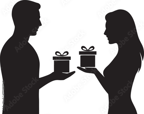 Man and woman exchanging gifts silhouette illustration