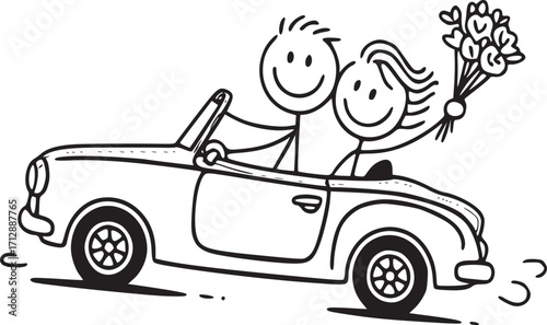 Romantic Road Trip: A whimsical drawing captures a happy couple on a road trip in a convertible, complete with flower bouquet.