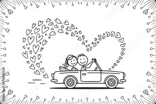 Love on Wheels: A charming black and white illustration of a couple in a car with a trail of hearts. Ideal for projects on romance and affection.