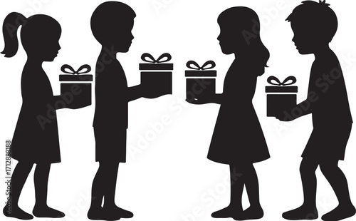 Silhouette children exchanging gifts on a white background
