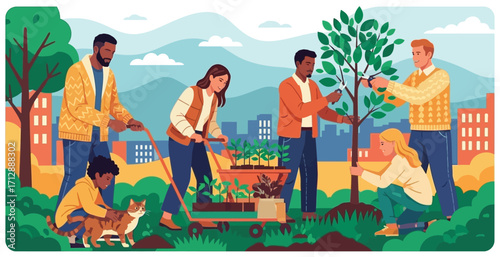 Diverse group people planting trees in urban park to promote sustainability and environmental awareness on a sunny day background.