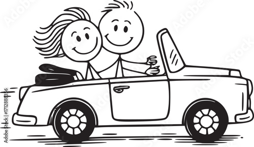 Happy Couple Driving: A delightful line art depiction of a couple sharing a moment of joy in an open-top car, captured in a classic.