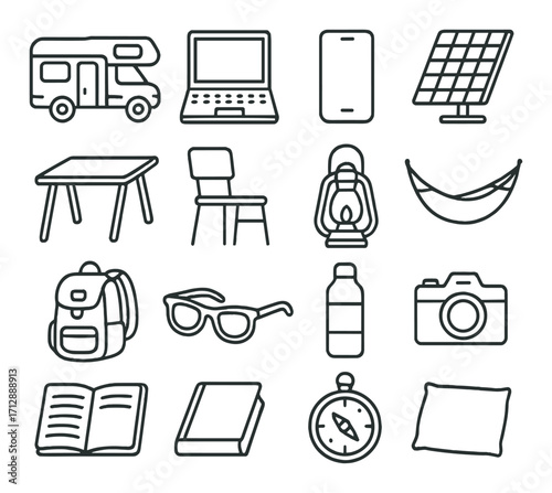 Camping essentials: icons of rv, laptop, phone, solar panel, chair, lantern, hammock, backpack, sunglasses, water bottle, camera, compass