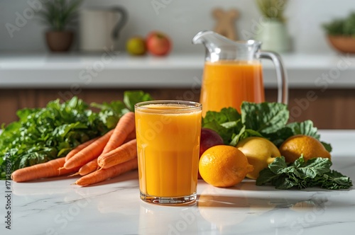 A glass filled with bright orange juice sits on a kitchen surface surrounded by various fruits and veggies including carrots, apples, lemons, and oranges.