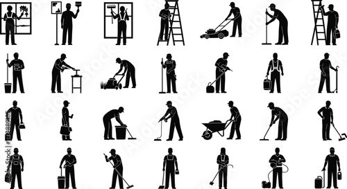 Maintenance worker silhouettes, cleaning staff illustration, black and white icons, facility tasks, janitorial roles, home service, professional tools, labor design