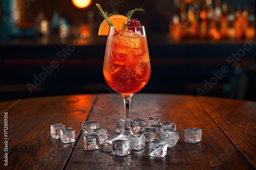 A single clear glass goblet brimming with rum punch set on a wooden surface inside a tavern