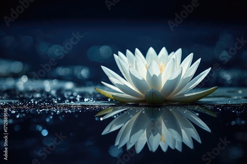 Elegant white lotus blossom floating on water with shimmering light and gentle bokeh reflection against a deep blue backdrop, representing purity in Buddhism