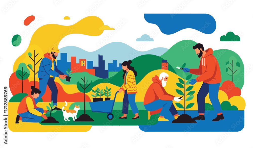 Naklejka premium People planting trees in city park, garden, farm. Eco volunteers team. happy adults and kids work outside in nature together for ecology and environment conservation.