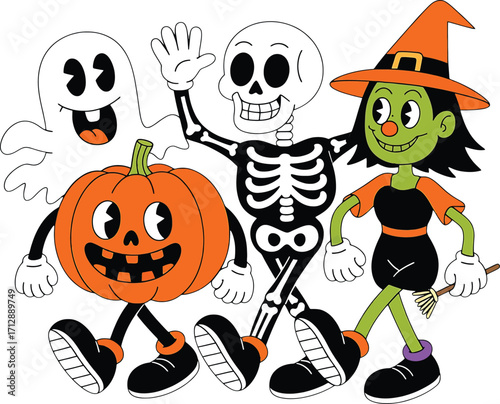 Cartoon skeleton witch ghost and pumpkin characters walking together for Halloween Keywords: Halloween characters cartoon skeleton witch ghost pumpkin