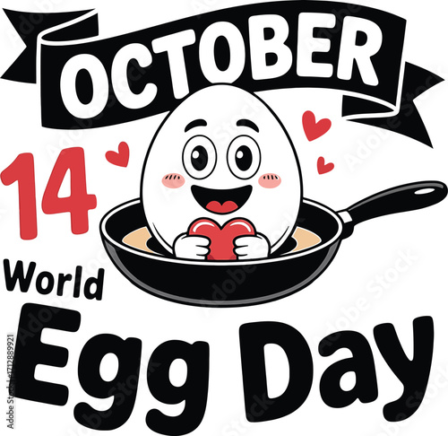 Cute cartoon egg character celebrating World Egg Day holding a heart in a frying pan Keywords: egg, world egg day, october, 14, celebration, food