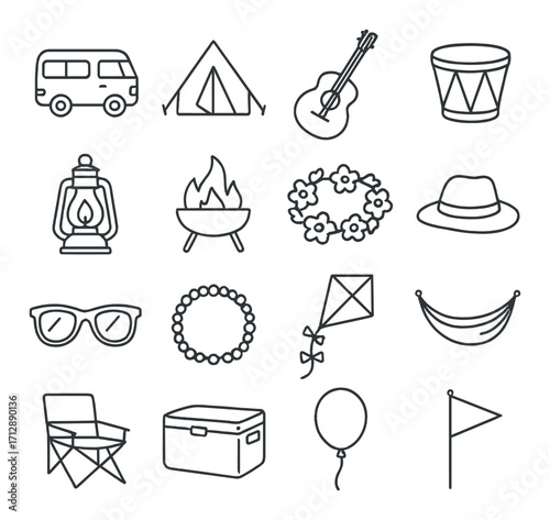 Camping icons set: van, tent, guitar, drum, lantern, campfire, flower crown, hat, sunglasses, chair, cooler, balloon, flag