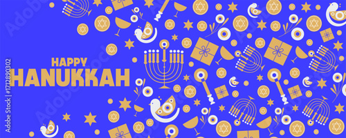 Elegant Blue and Gold Hanukkah Pattern with Menorahs, Stars, Gifts, and Festive Symbols for a Joyful Celebration Web banner, card