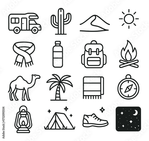 Outdoor adventure icons: camper, cactus, mountain, sun, fire, tent, compass