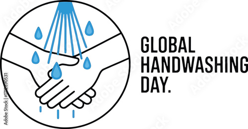 Global Handwashing Day icon with text and water droplets on white background Keywords: handwashing, global handwashing day, hygiene, clean hands