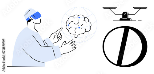 Person wearing VR headset engaging with glowing digital brain, scales symbolizing justice and balance, globe background. Ideal for technology, neural interface, AI, law, virtual experience