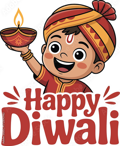 Happy Diwali cartoon boy holding a lit diya with traditional turban and attire Keywords: Diwali, festival, India, celebration, diya, lamp, light