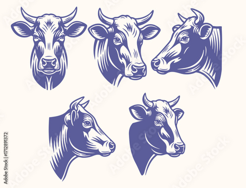 Cows Steers Cattle with Horns, Retro Vector Illustration, Scalable to any Size