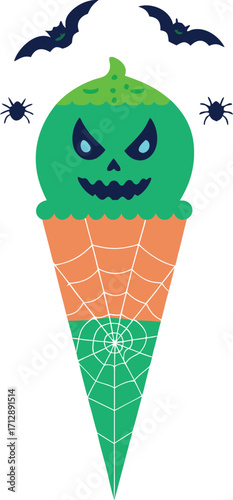 Spooky Halloween Ice Cream Cone with Glowing Face and Bats
