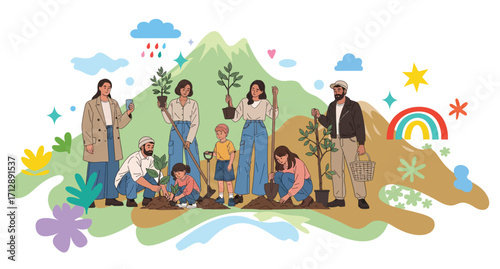 People planting trees in city park, garden, farm. Eco volunteers team. happy adults and kids work outside in nature together for ecology and environment conservation.