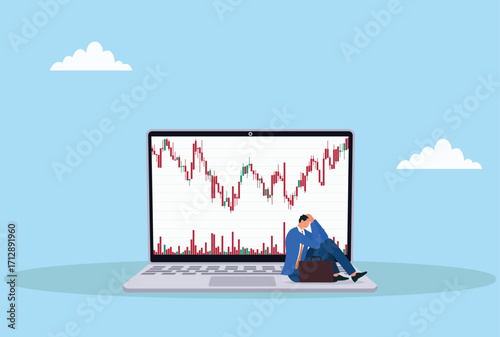 Vector illustration of a frustrated businessman sitting in front of a laptop showing a falling stock market chart, symbolizing financial loss, market downturn and stress
